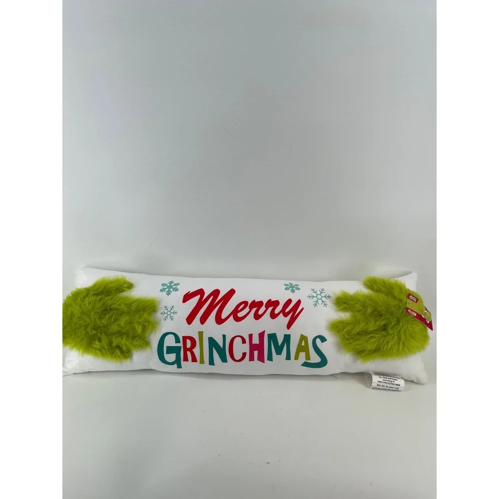 Dr. Seuss Grinch Lumbar Pillow OS White New Merry Grinchmas Faux Fur‎ 32x10